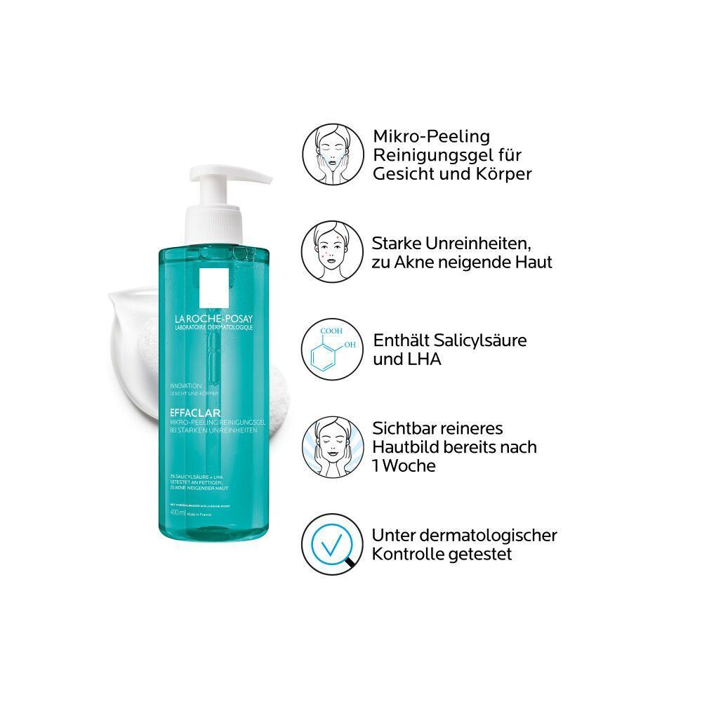 La Roche Posay Effaclar Mikro-Peeling Reinigungsgel. Infografik zeigt Anwendung und Vorteile wie Salicylsäure.