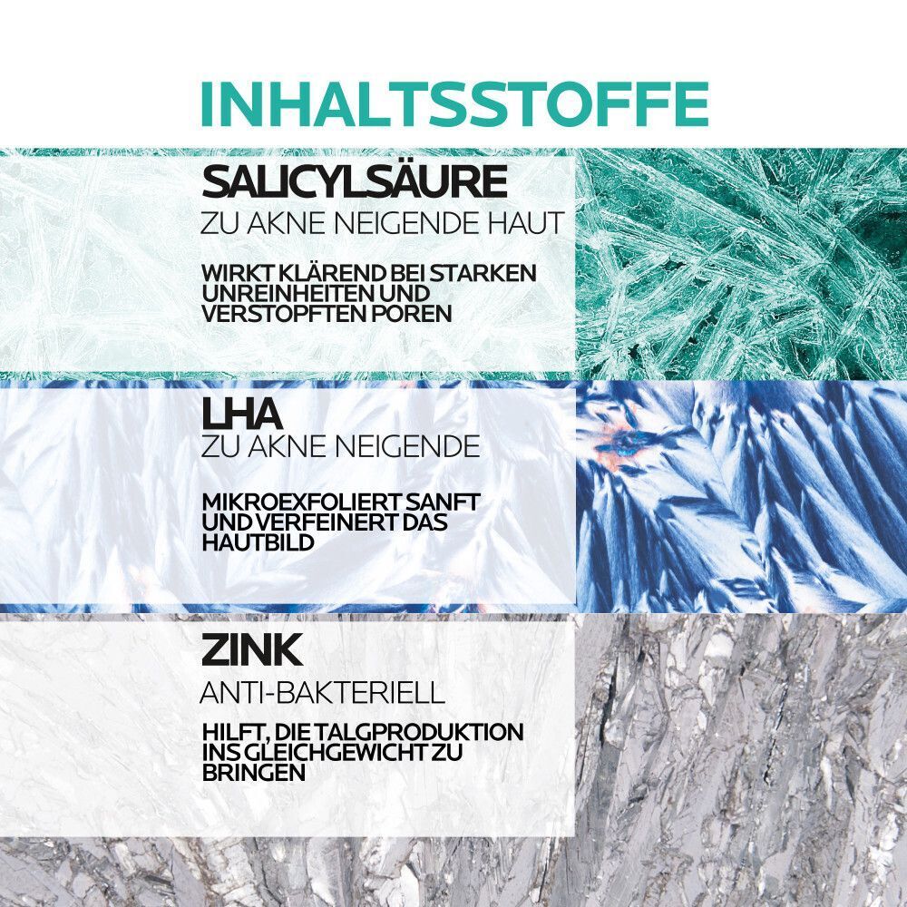 Inhaltsstoffe: Salicylsäure, LHA und Zink. Erläuterung der Wirkung auf unreine Haut und Poren.