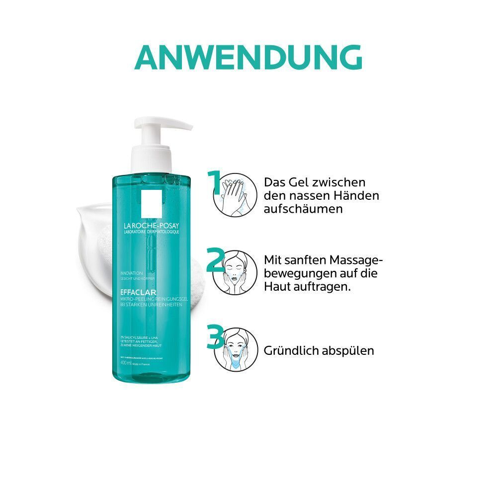 Anwendung von La Roche Posay Effaclar Reinigungsgel: Aufschäumen, auftragen, abspülen. Für Gesicht und Körper.