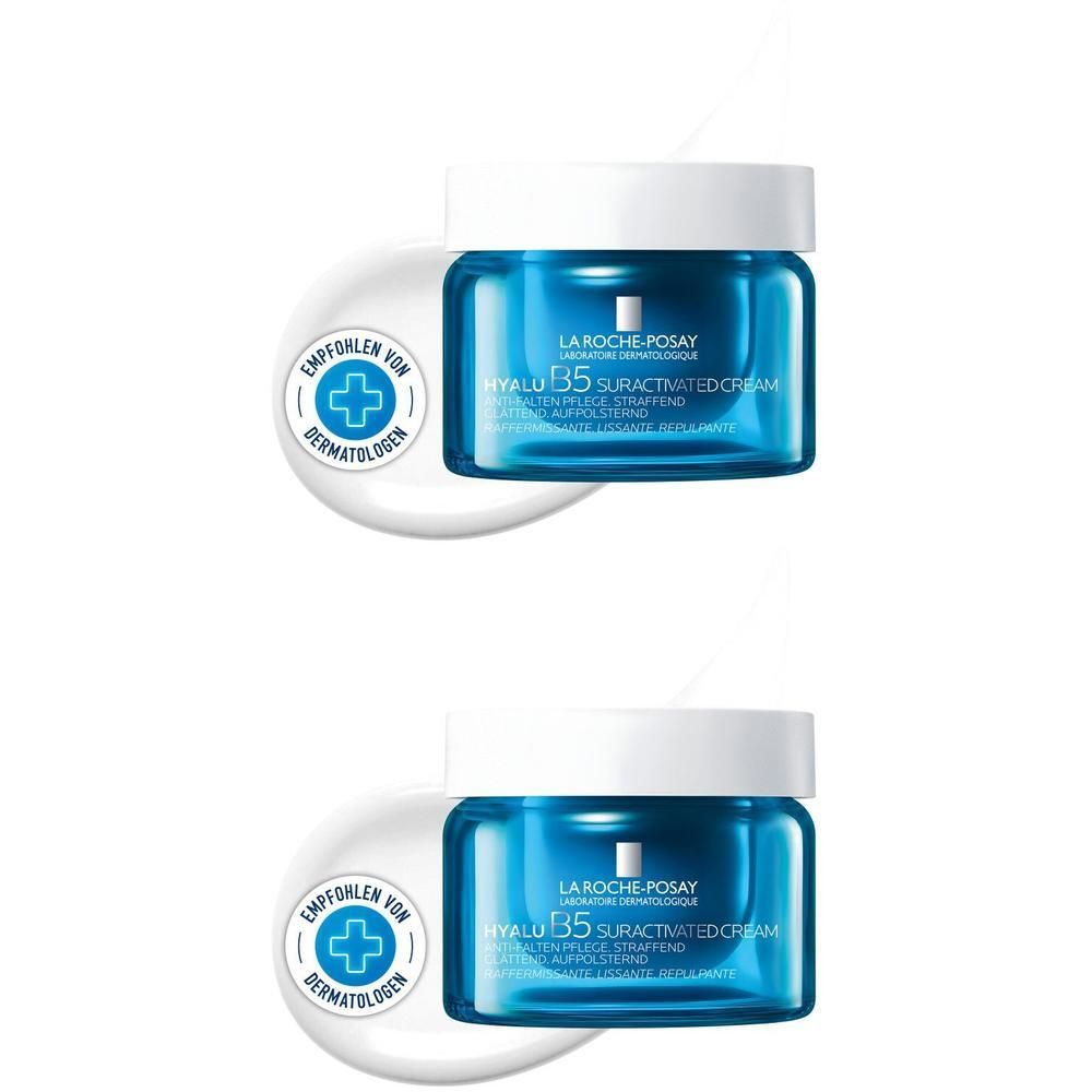 Zwei Tiegel La Roche Posay Hyalu B5 Suractivated Cream mit Dermatologen-Empfehlungssiegel.
