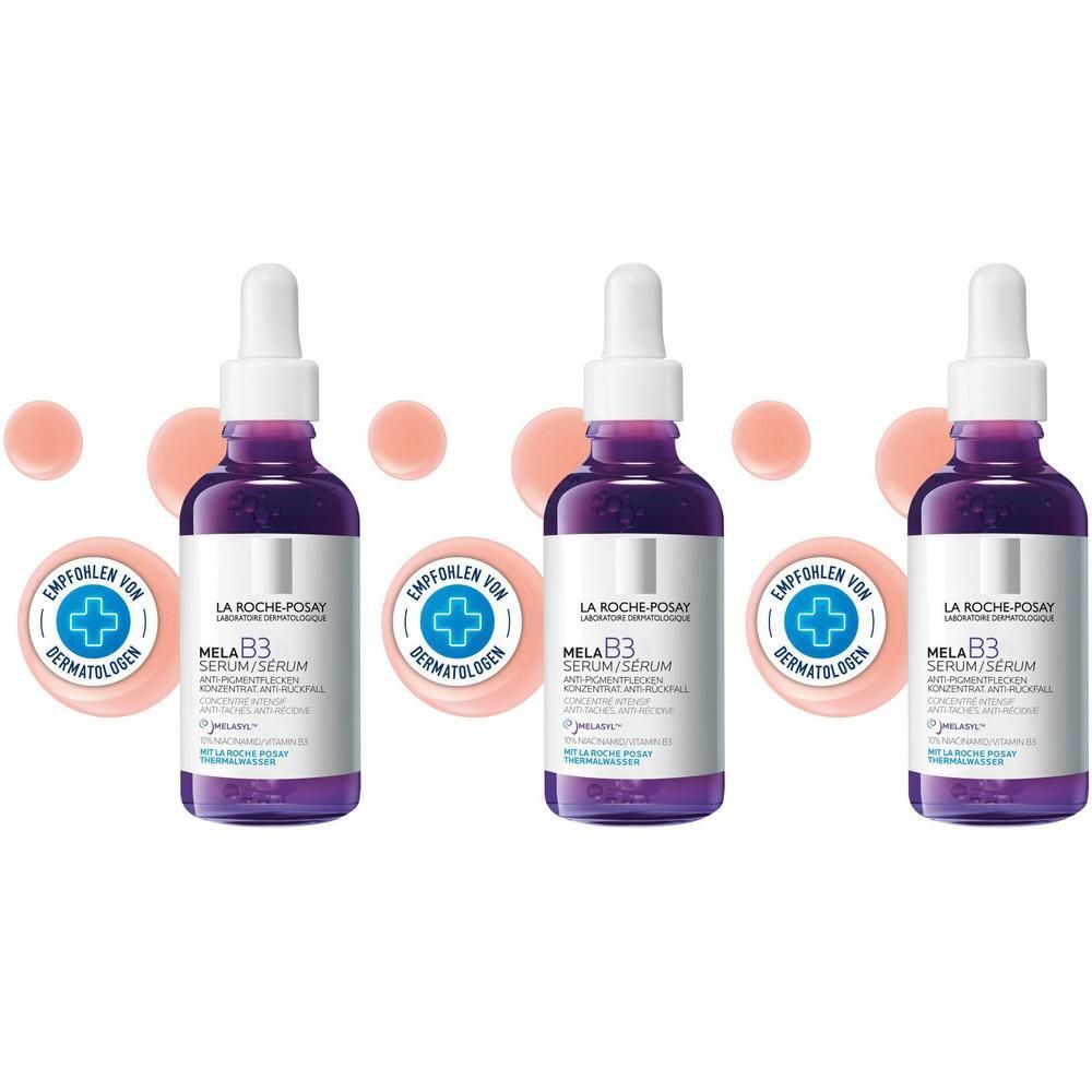 Drei Flaschen La Roche Posay Mela B3 Serum mit Pipettenverschluss, umgeben von rosa Kreisen.