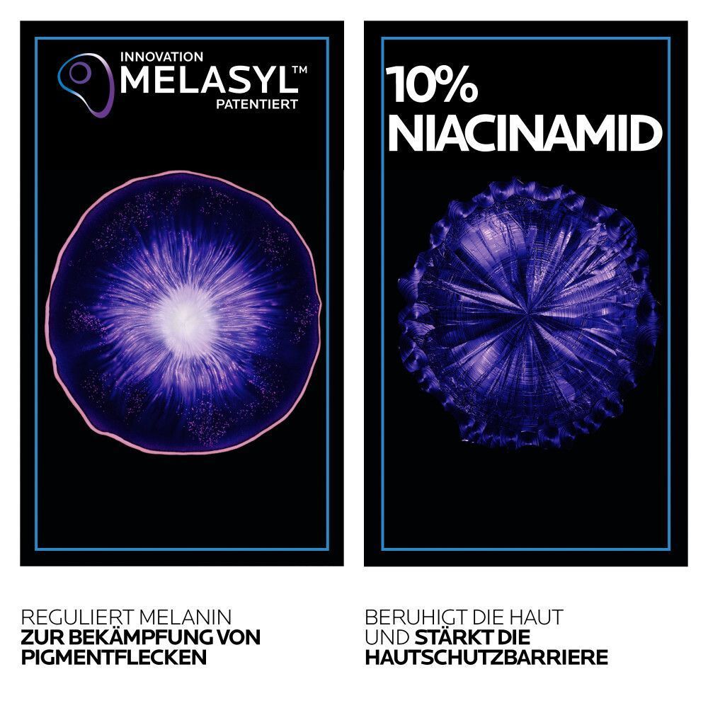 Grafiken zeigen Melasyl-Innovation und 10% Niacinamid. Links: Melaninregulierung. Rechts: Beruhigt Haut, stärkt Schutzbarriere.