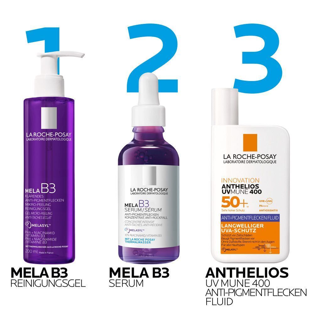 Drei La Roche Posay Produkte: Mela B3 Reinigungsgel, Mela B3 Serum und Anthelios UV Mune 400 Fluid.