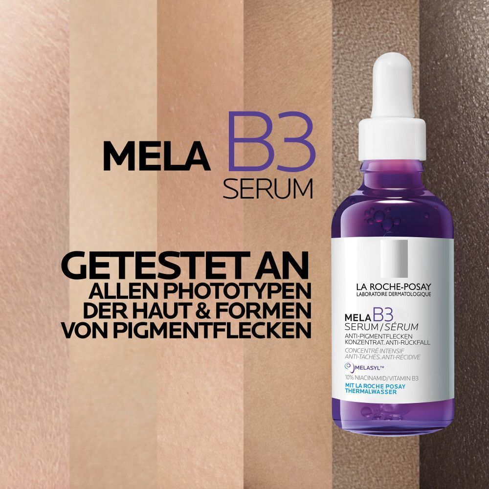 La Roche Posay Mela B3 Serum Flasche neben einer Grafik mit Hauttönen. Getestet an allen Phototypen von Pigmentflecken.