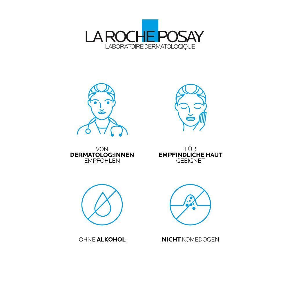 Icons: Von Dermatologen empfohlen, für empfindliche Haut, ohne Alkohol, nicht komedogen. La Roche Posay Logo.