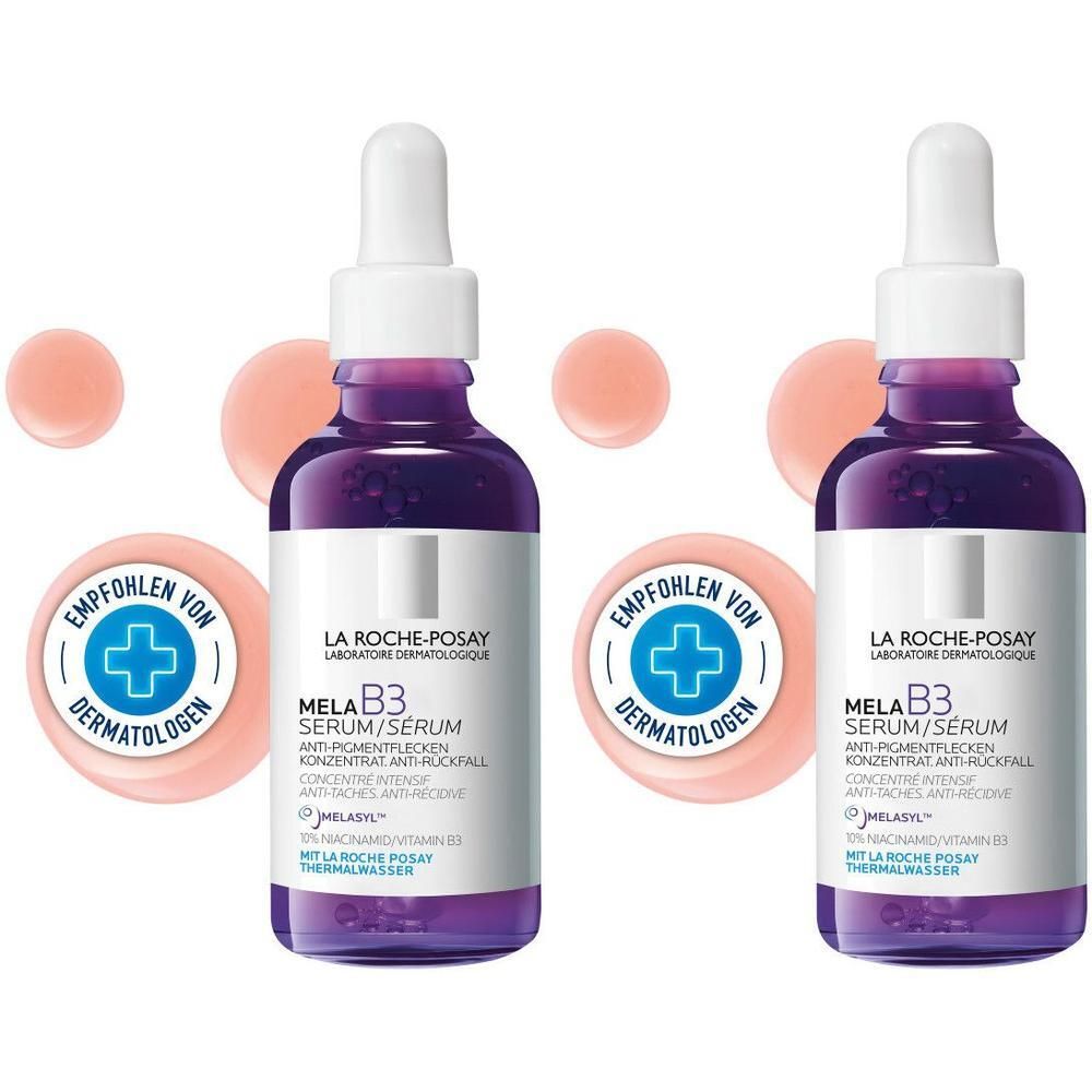 Zwei Flaschen La Roche Posay Mela B3 Serum mit Pipette, lila Glasflaschen mit weißem Etikett und weißem Deckel.