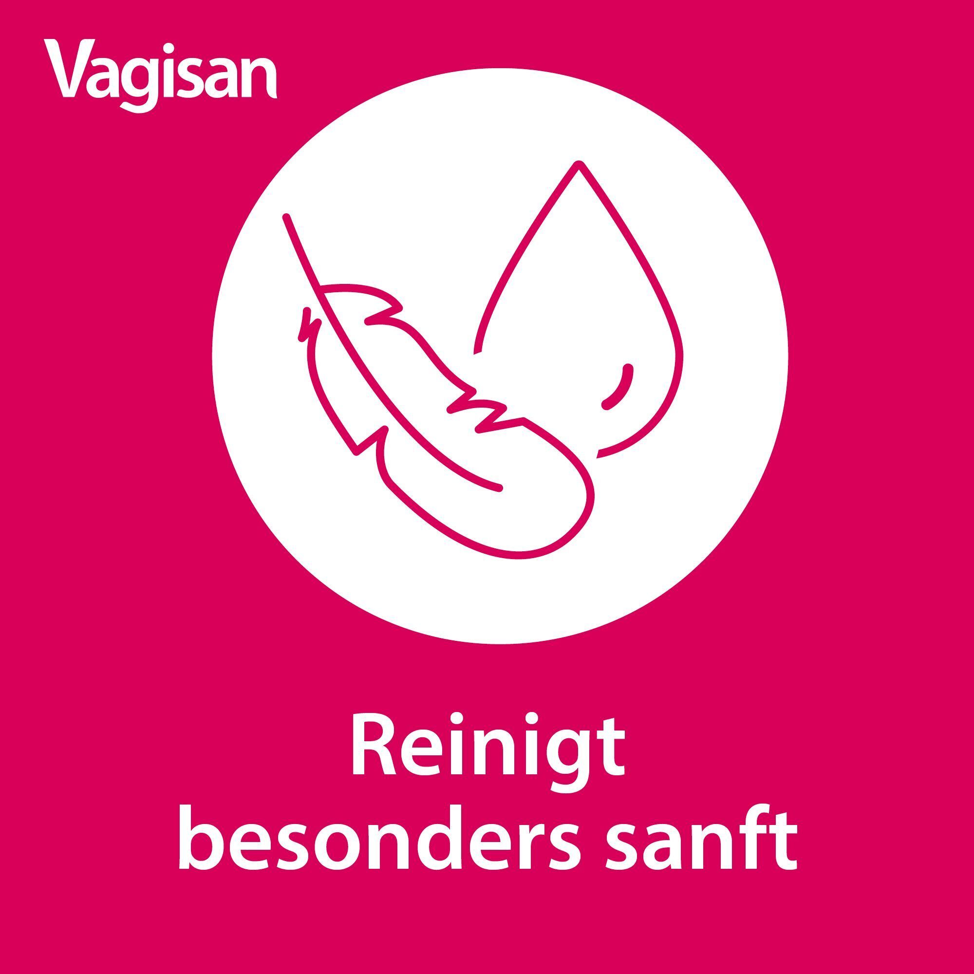 Symbol einer Feder und eines Tropfens mit Text 'Reinigt besonders sanft'.