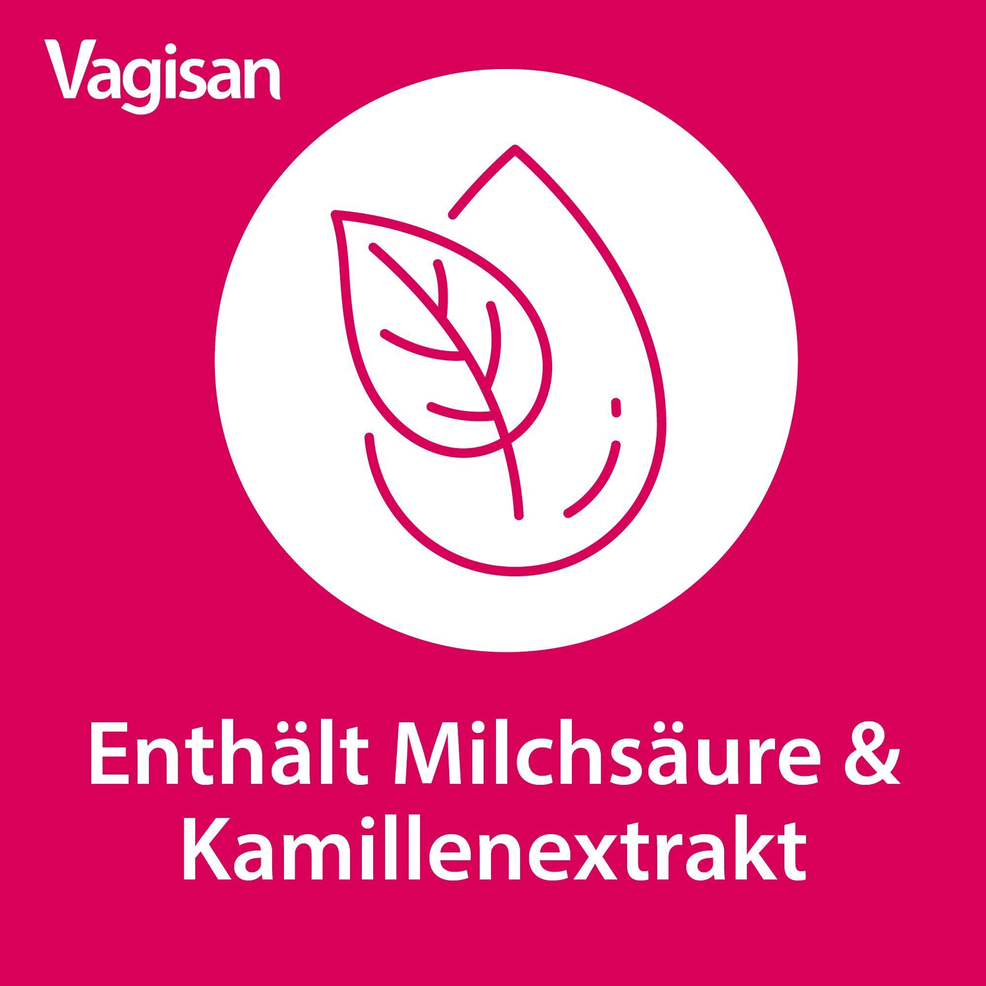 Symbol eines Blattes in einem Tropfen mit Text 'Enthält Milchsäure & Kamillenextrakt'.
