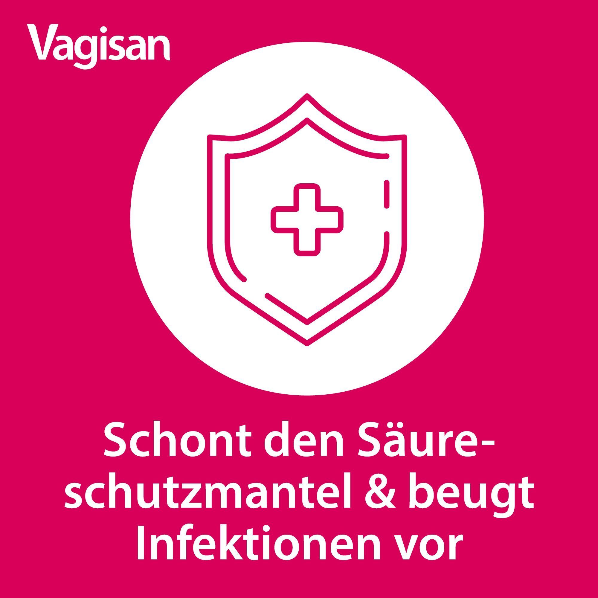 Symbol eines Schutzschildes mit Text 'Schont den Säureschutzmantel & beugt Infektionen vor'.