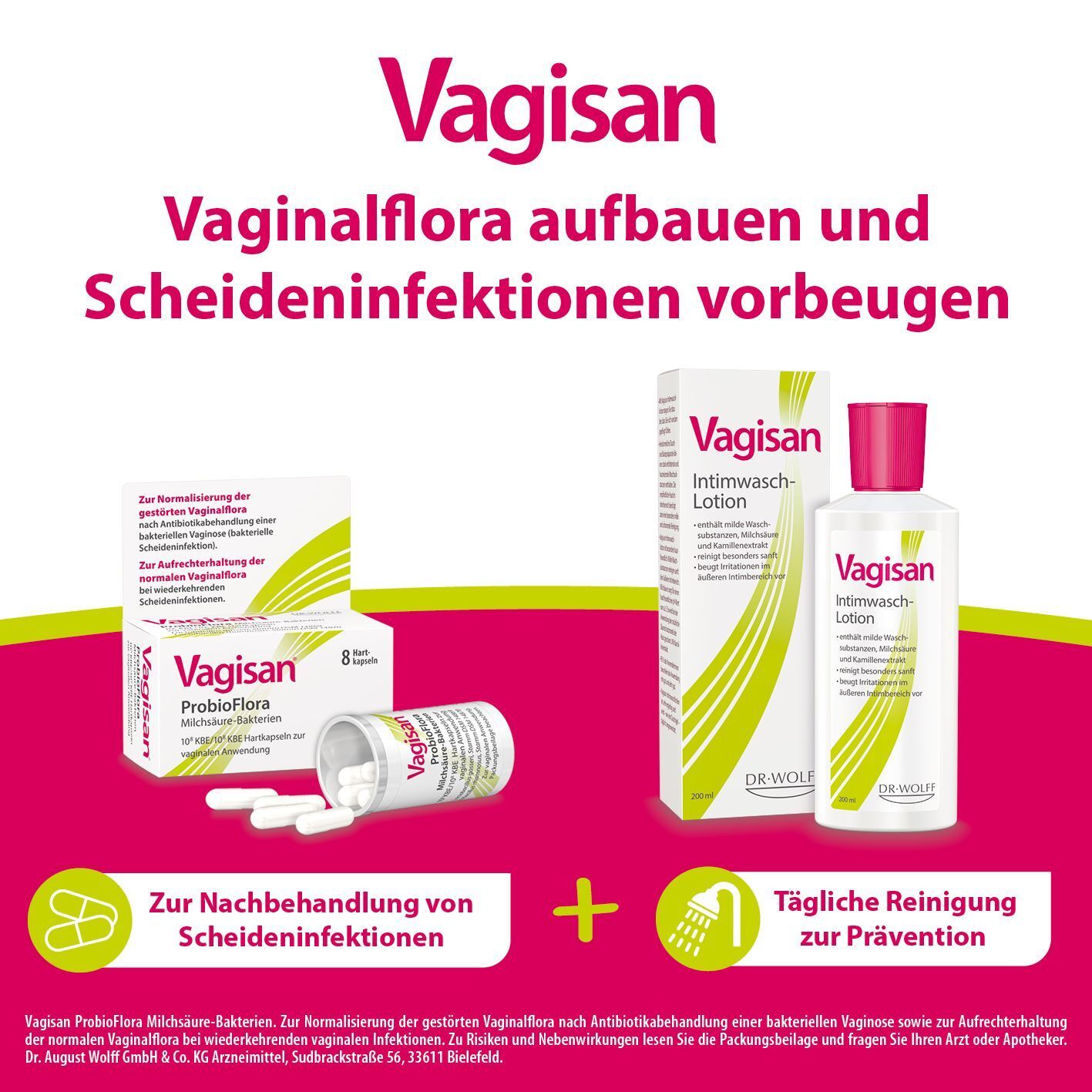 Vagisan Produkte: Intimwaschlotion, ProbioFlora Kapseln und Verpackungen.