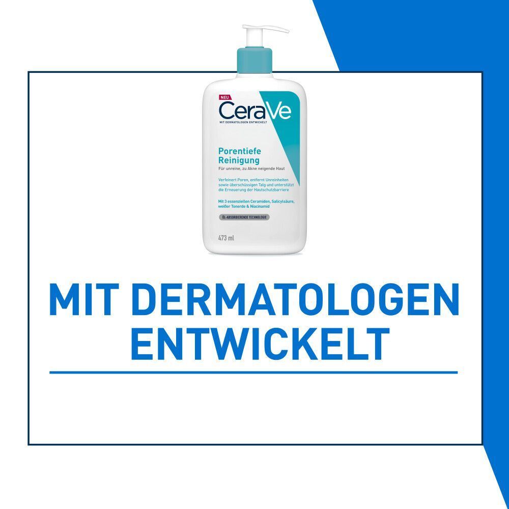 CeraVe Porentiefe Reinigung Flasche mit Pumpspender, 473 ml. "Mit Dermatologen entwickelt" Schriftzug.