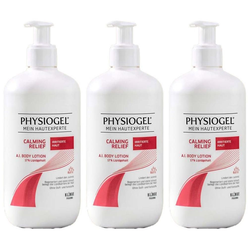 Drei weiße Pumpspender mit PHYSIOGEL® Calming Relief A.I. Body Lotion.