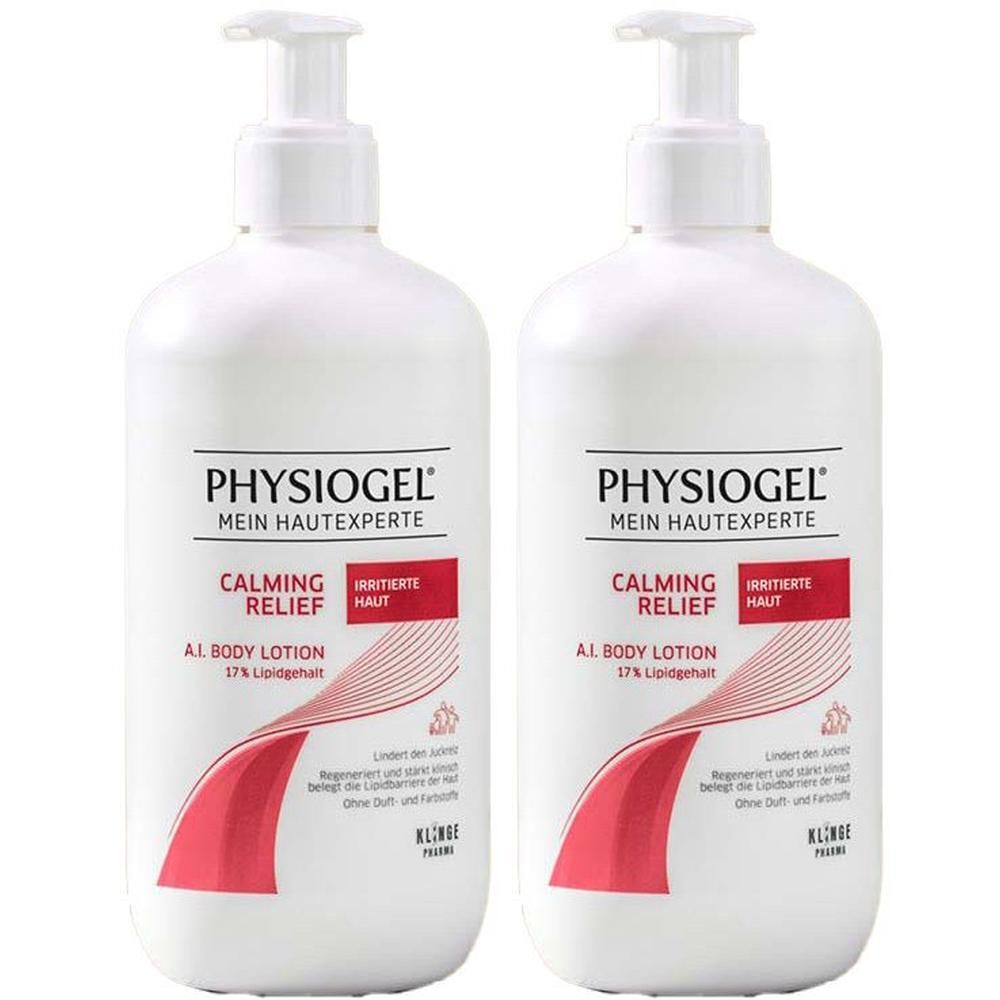 Zwei weiße Pumpflaschen PHYSIOGEL® Calming Relief A.I. Body Lotion mit rotem Design.