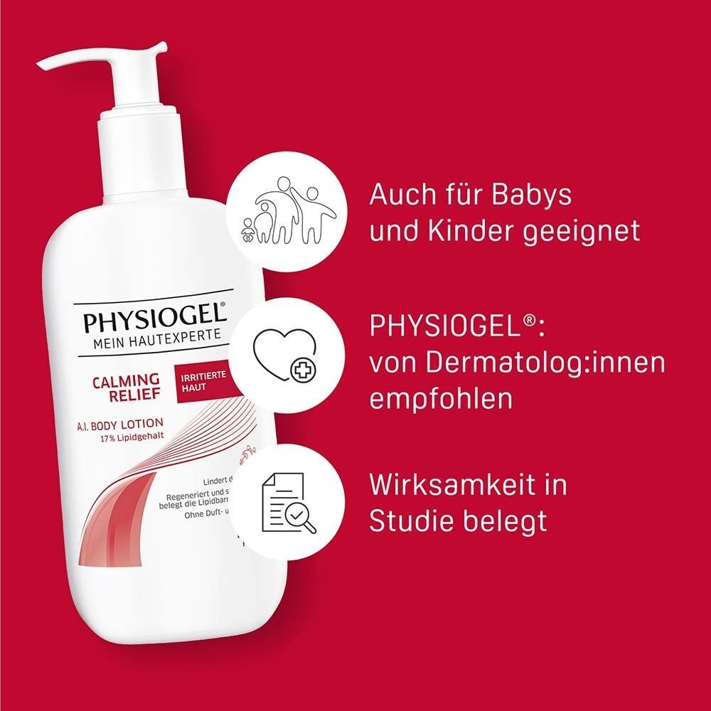 Eine weiße Pumpflasche PHYSIOGEL® Calming Relief A.I. Body Lotion mit Icons.