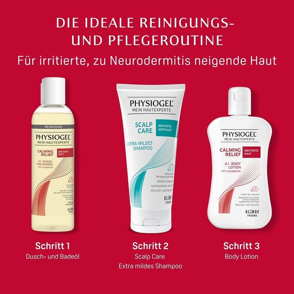 Drei PHYSIOGEL® Produkte in einer Reinigungs- und Pflegeroutine.