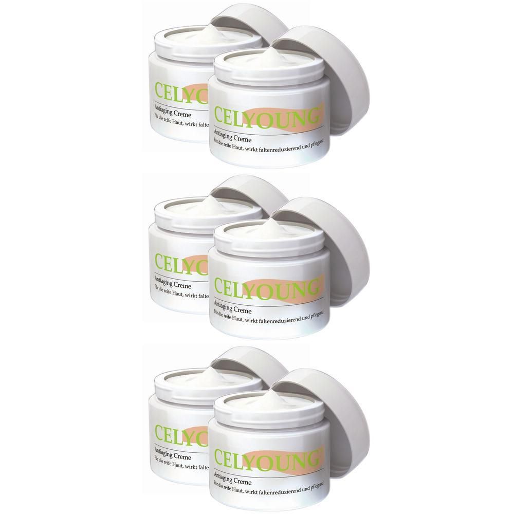 Drei weiße Tiegel mit CELYOUNG Antiaging Creme, Deckel geöffnet.