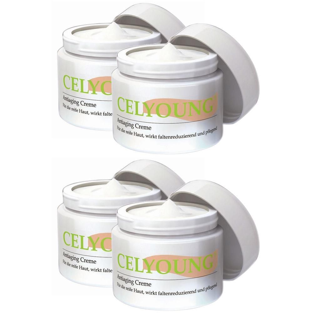 Vier weiße Tiegel mit CELYOUNG Antiaging Creme, jeweils mit geöffnetem Deckel.