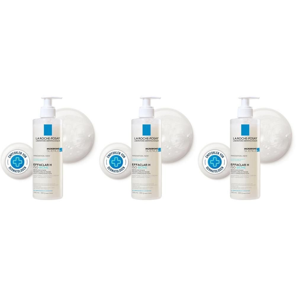 Drei Flaschen La Roche Posay Effaclar H Iso-Biome Reinigungscreme mit Pumpspendern, daneben Schaum und ein Siegel.