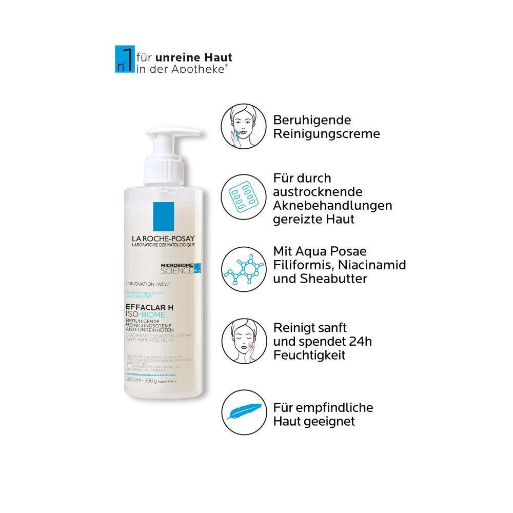 Flasche La Roche Posay Effaclar H Iso-Biome Reinigungscreme mit Pumpspender und Infografiken zu Inhaltsstoffen und Hautpflege.