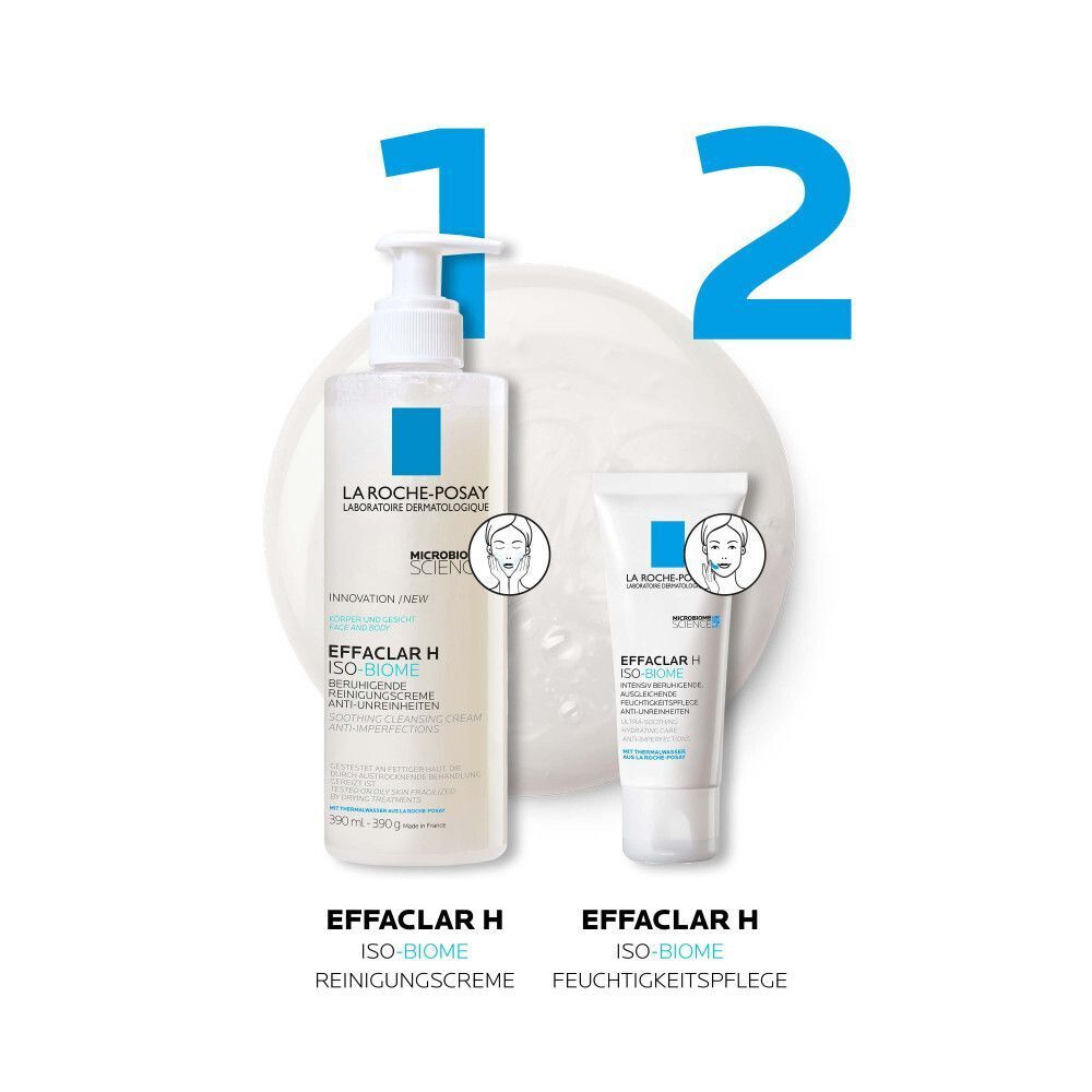 Flasche La Roche Posay Effaclar H Iso-Biome Reinigungscreme und eine Tube Feuchtigkeitspflege nebeneinander.