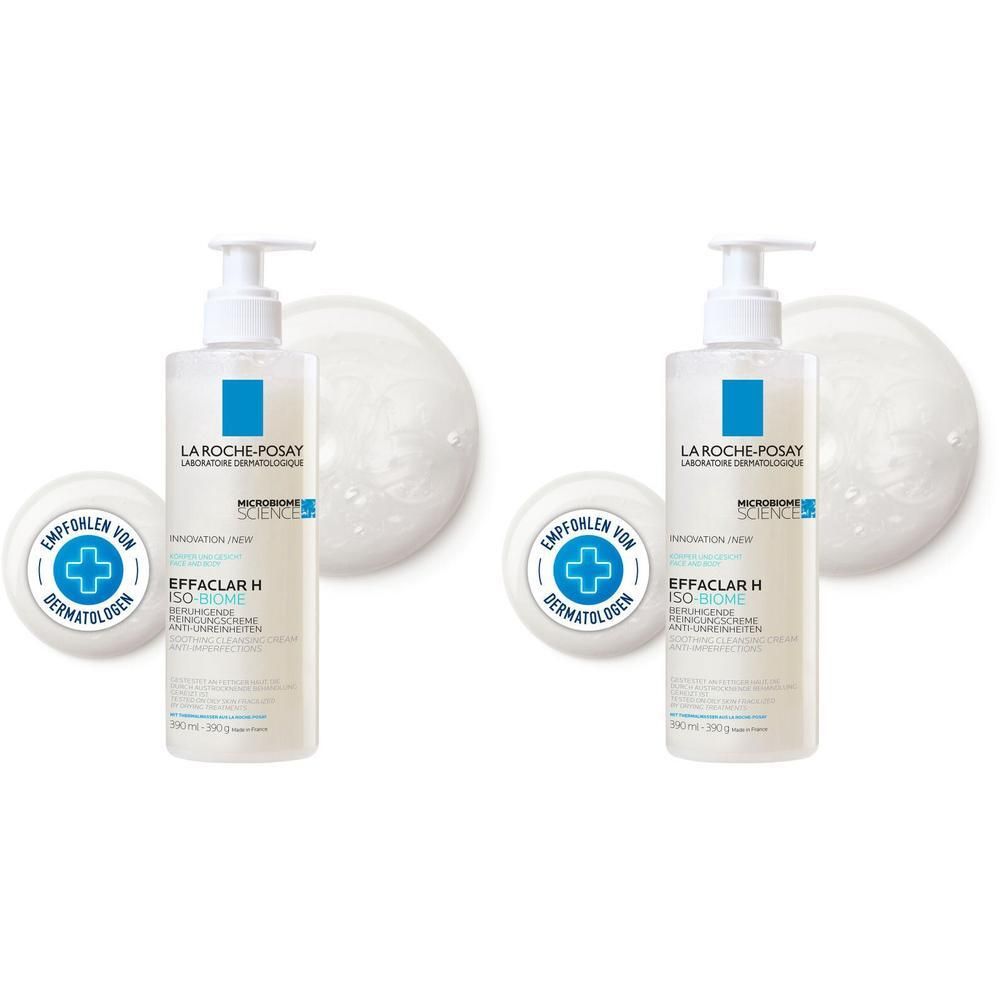 Zwei Flaschen La Roche Posay Effaclar H Reinigungscreme mit Pumpspender und ein Siegel 'Empfohlen von Dermatologen'.