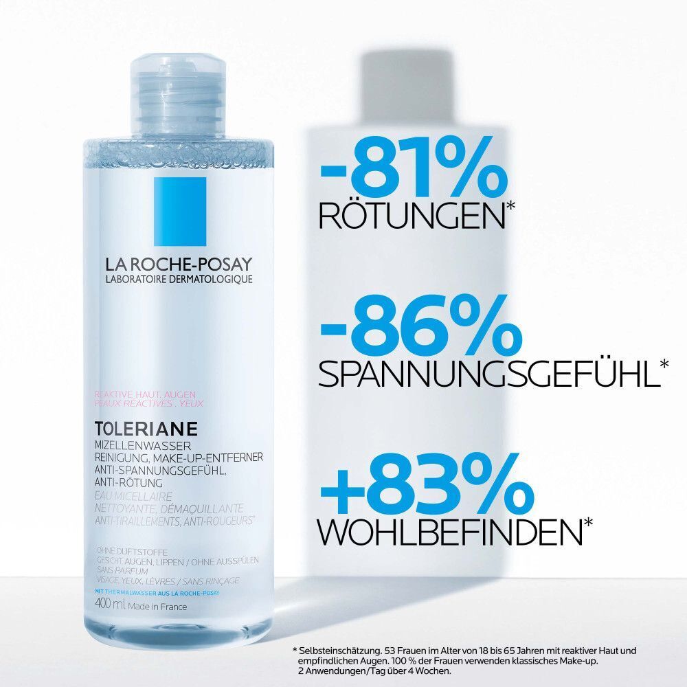 Flasche La Roche-Posay Mizellenwasser neben Statistiken zu Rötungen und Wohlbefinden.