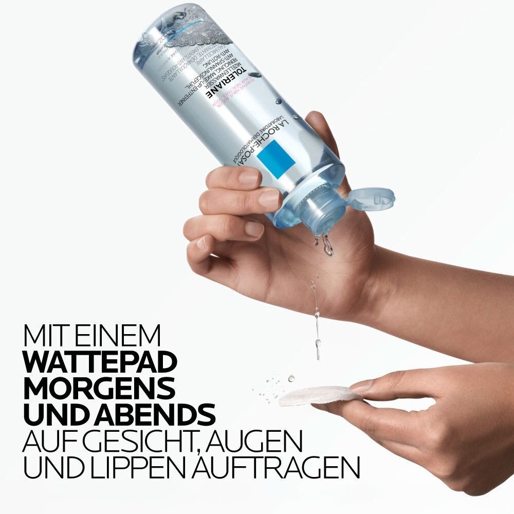 Flasche La Roche-Posay Mizellenwasser mit Text 'Für alle Hauttypen geeignet'.