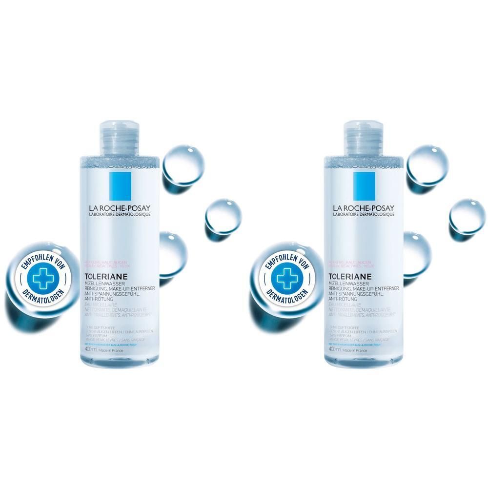 Zwei Flaschen La Roche-Posay Mizellenwasser mit Wasserblasen und Dermatologen-Siegel.