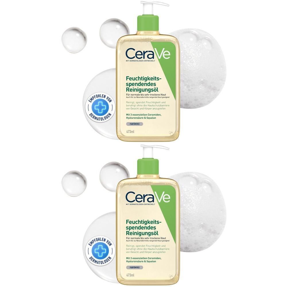 Zwei Flaschen CeraVe Reinigungsöl mit Pumpspender. Mit Dermatologen empfohlen Siegel.