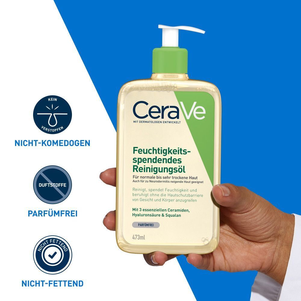 CeraVe Reinigungsöl in Flasche mit Pumpspender, gehalten von einer Hand. Nicht komedogen, parfümfrei, nicht fettend.