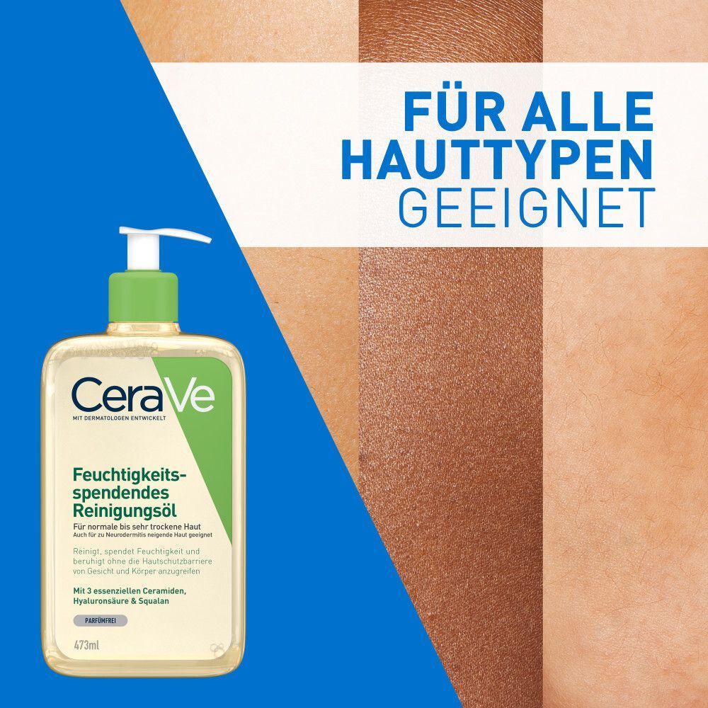 Flasche CeraVe Reinigungsöl vor Hauttönen. Text: Für alle Hauttypen geeignet.