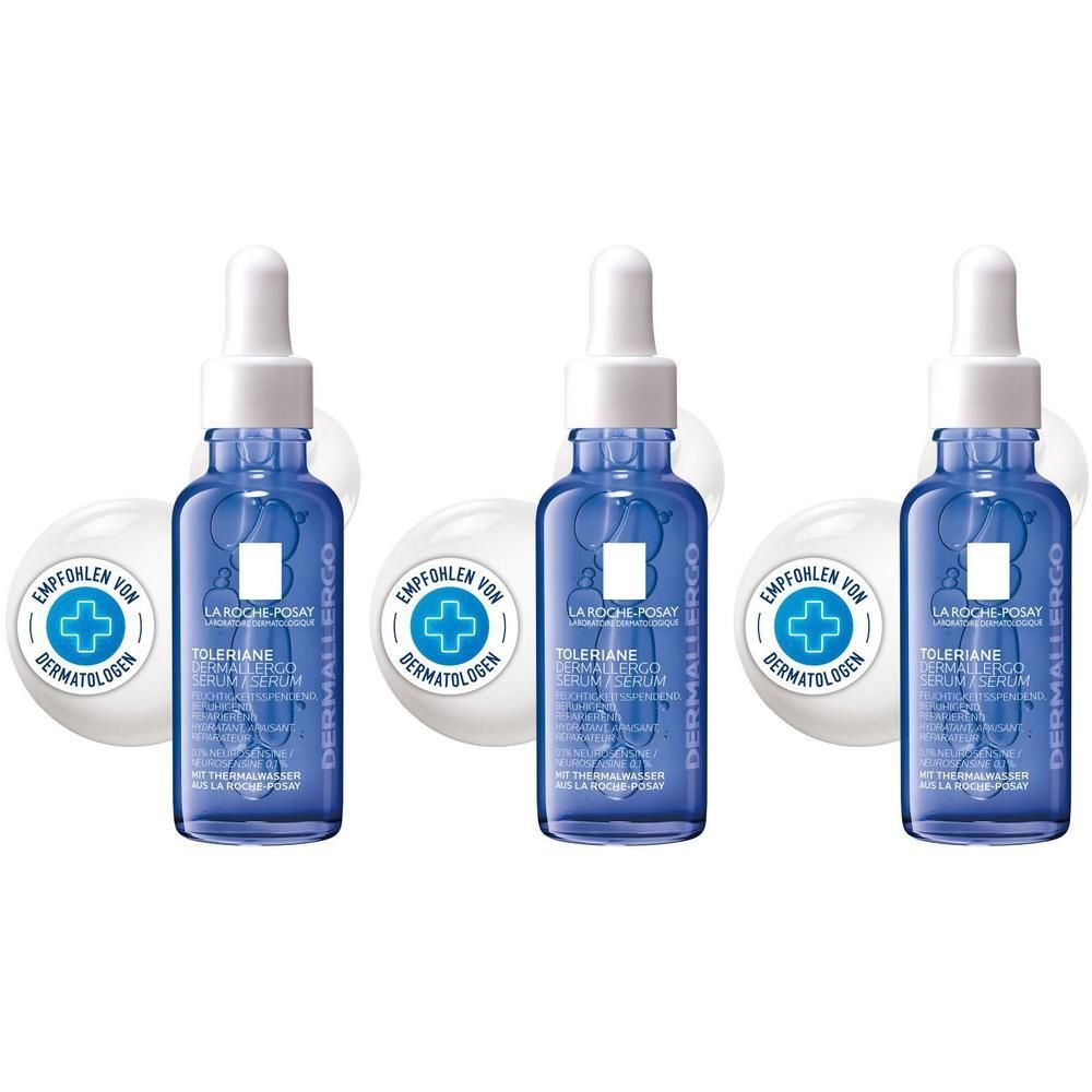 Drei Flaschen La Roche-Posay Toleriane Dermallergo Serum mit Tropfer. "Empfohlen von Dermatologen" Siegel.