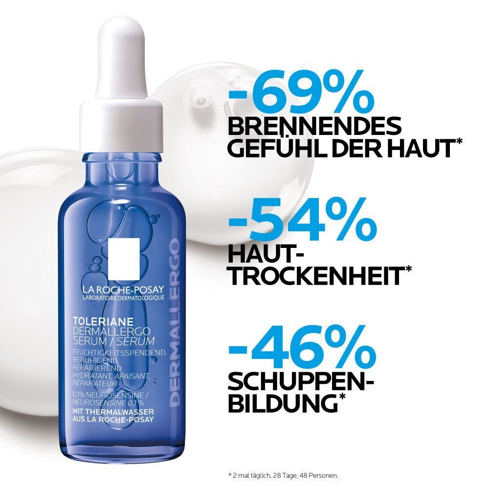 La Roche-Posay Toleriane Dermallergo Serum Flasche. Reduziert Brennen um 69%, Trockenheit um 54%, Schuppenbildung um 46%.