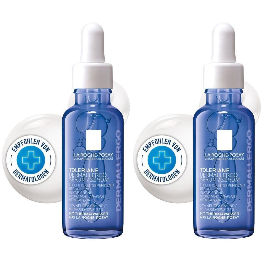 Zwei Flaschen La Roche-Posay Toleriane Dermallergo Serum mit Pipettenverschluss. "Empfohlen von Dermatologen" Siegel.