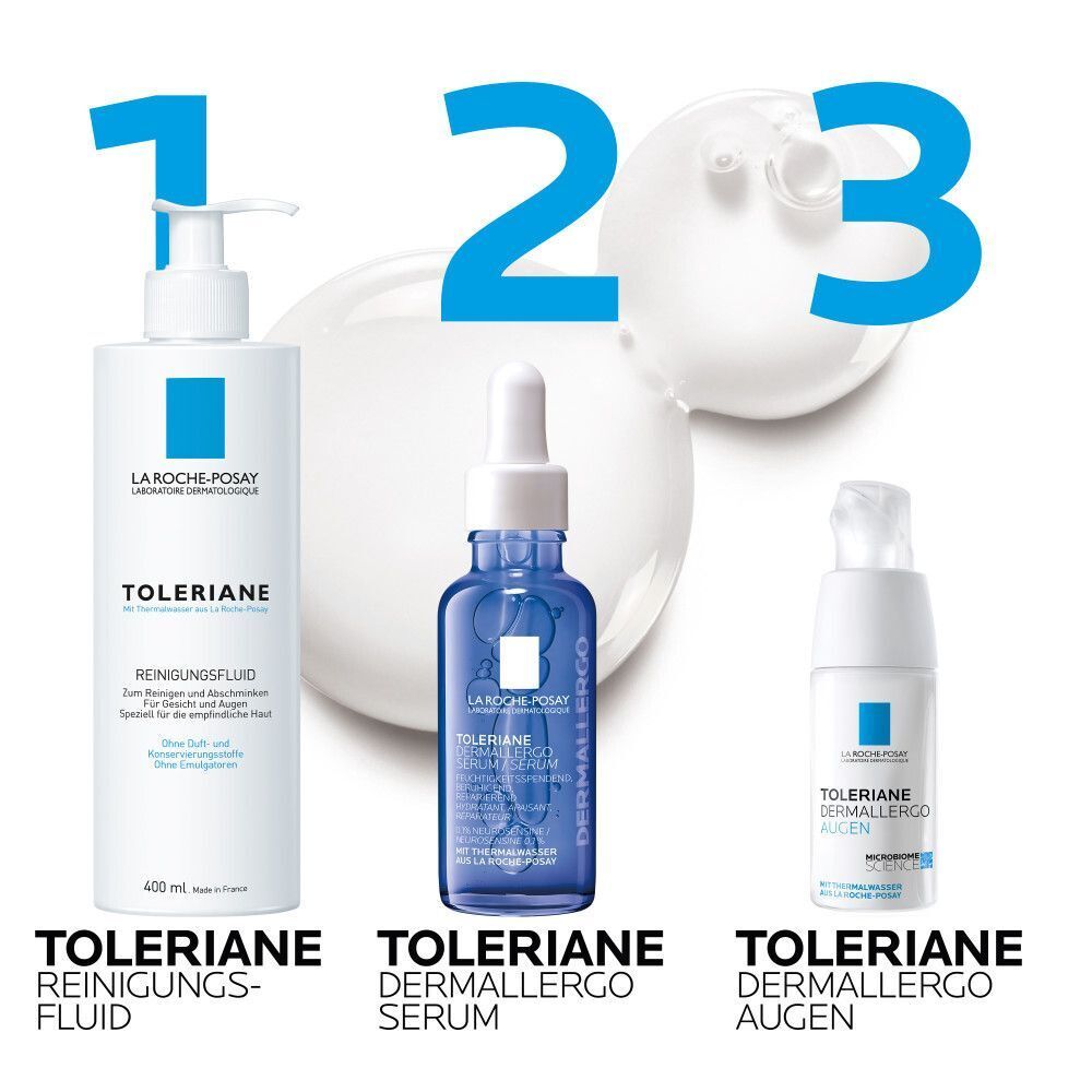 Drei La Roche-Posay Toleriane Produkte: Reinigungsfluid, Dermallergo Serum, Augenpflege. Nummern 1, 2, 3.