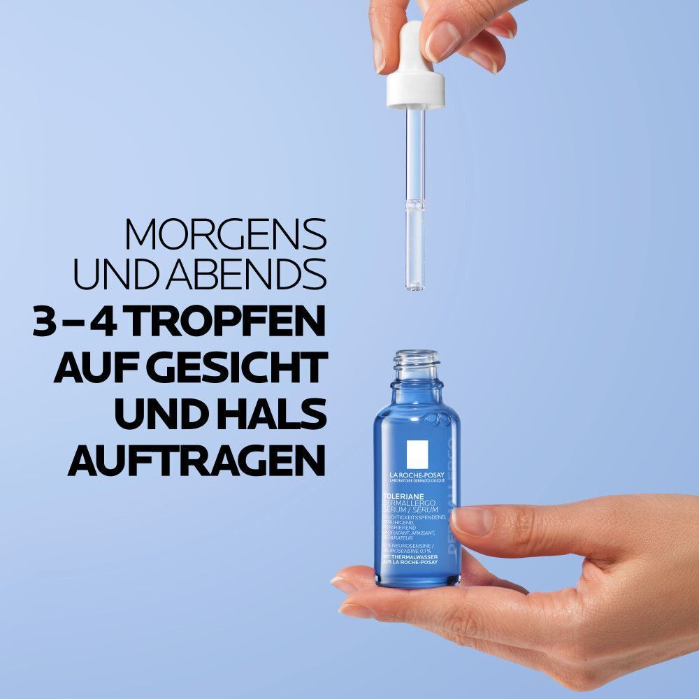 Hände halten La Roche-Posay Toleriane Dermallergo Serum Flasche und Pipette. Text: "Morgens und abends 3-4 Tropfen auftragen".