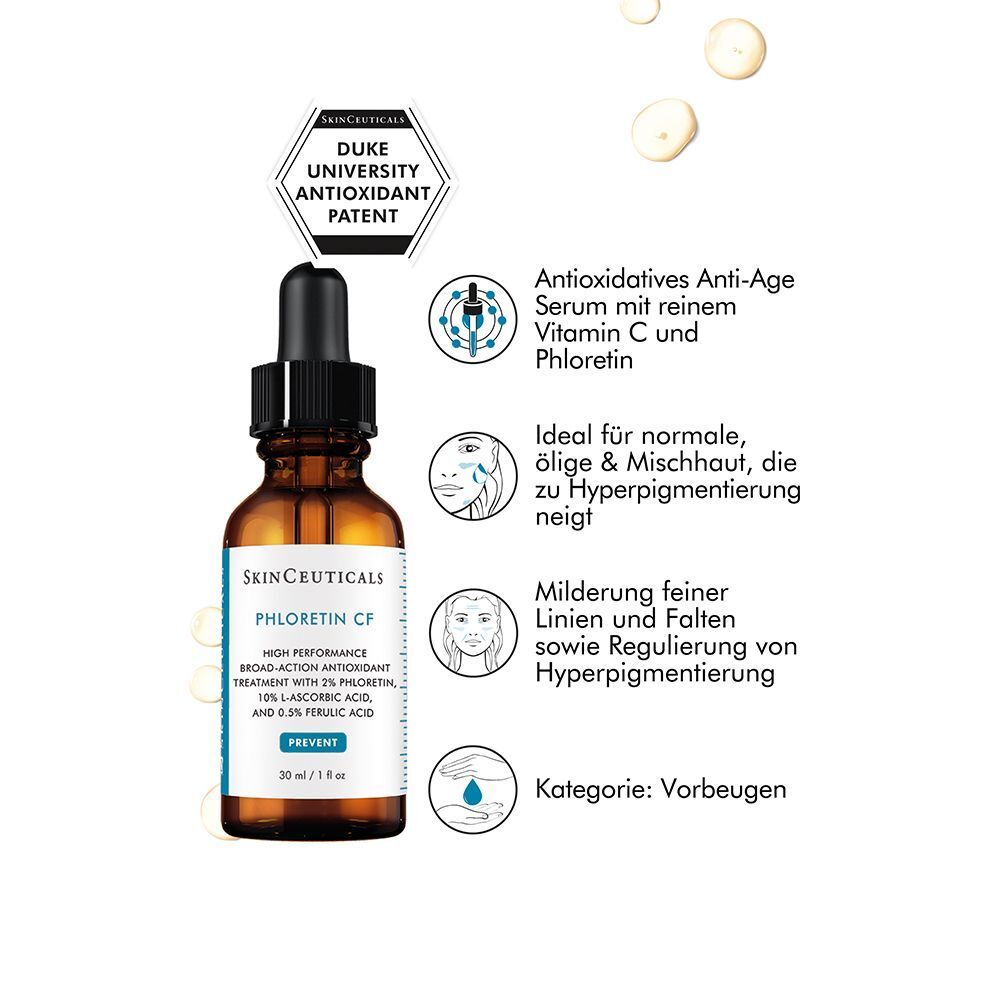 SkinCeuticals Phloretin CF Serum Flasche mit Pipette, Duke University Antioxidant Patent Siegel.