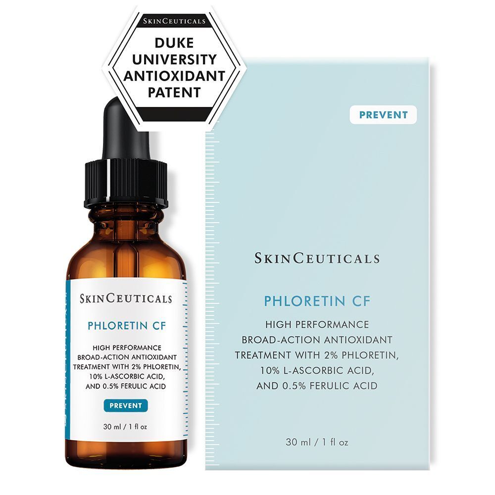 SkinCeuticals Phloretin CF Serum Flasche und Faltschachtel, Duke University Antioxidant Patent Siegel.