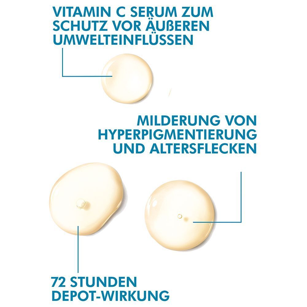 Tropfen von SkinCeuticals Phloretin CF Serum. Text erklärt Schutz vor Umwelteinflüssen und Milderung von Hyperpigmentierung.