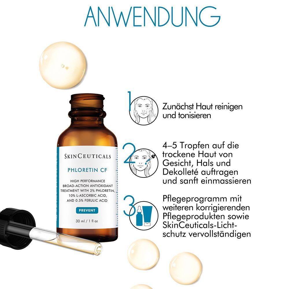 Anwendung von SkinCeuticals Phloretin CF Serum. Schritt-für-Schritt-Anleitung mit Illustrationen und Serumflasche.