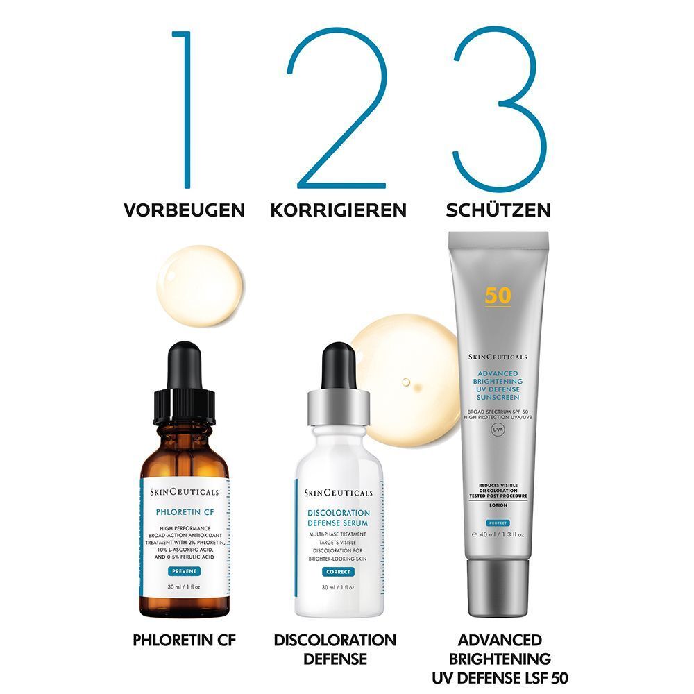 SkinCeuticals Produktlinie: Phloretin CF Serum, Discoloration Defense, Advanced Brightening UV Defense LSF 50.