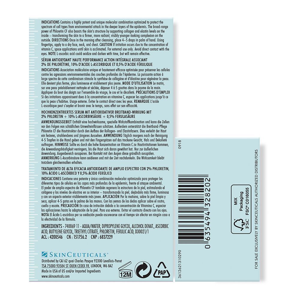 Rückseite der SkinCeuticals Phloretin CF Verpackung mit Anwendungshinweisen und Inhaltsstoffen.