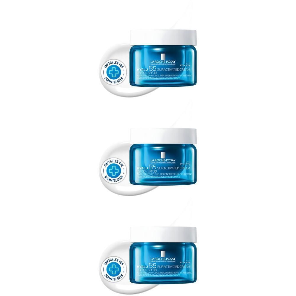 Drei Tiegel der La Roche Posay Hyalu B5 Suractivated Cream LSF 30 auf weißen Unterlagen.