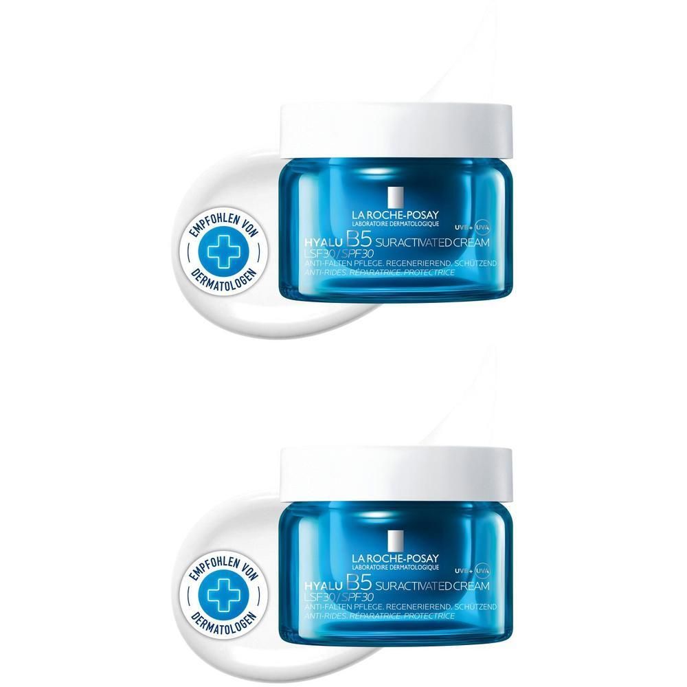 Zwei Tiegel La Roche Posay Hyalu B5 Suractivated Cream LSF 30 mit Dermatologen-Siegel.