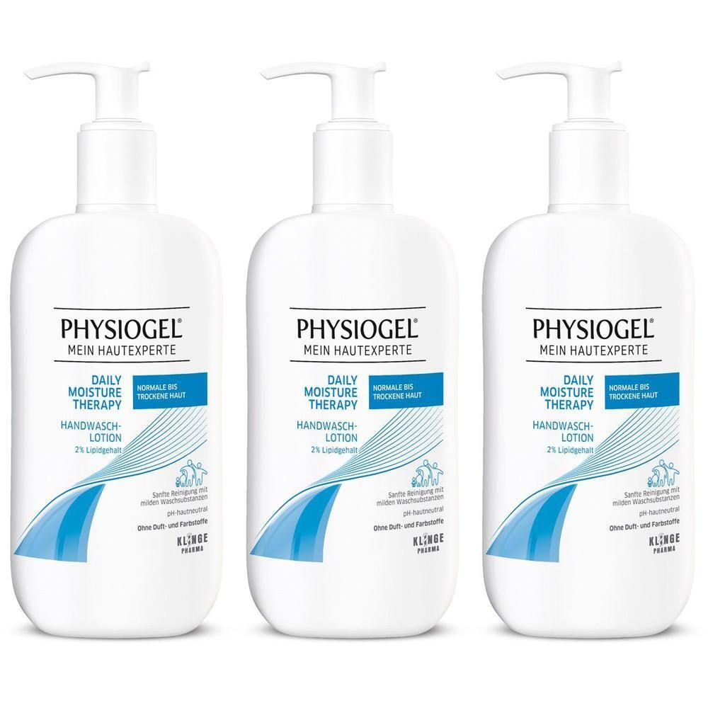 Drei weiße Pumpspender mit PHYSIogel Daily Moisture Therapy Handwasch-Lotion.