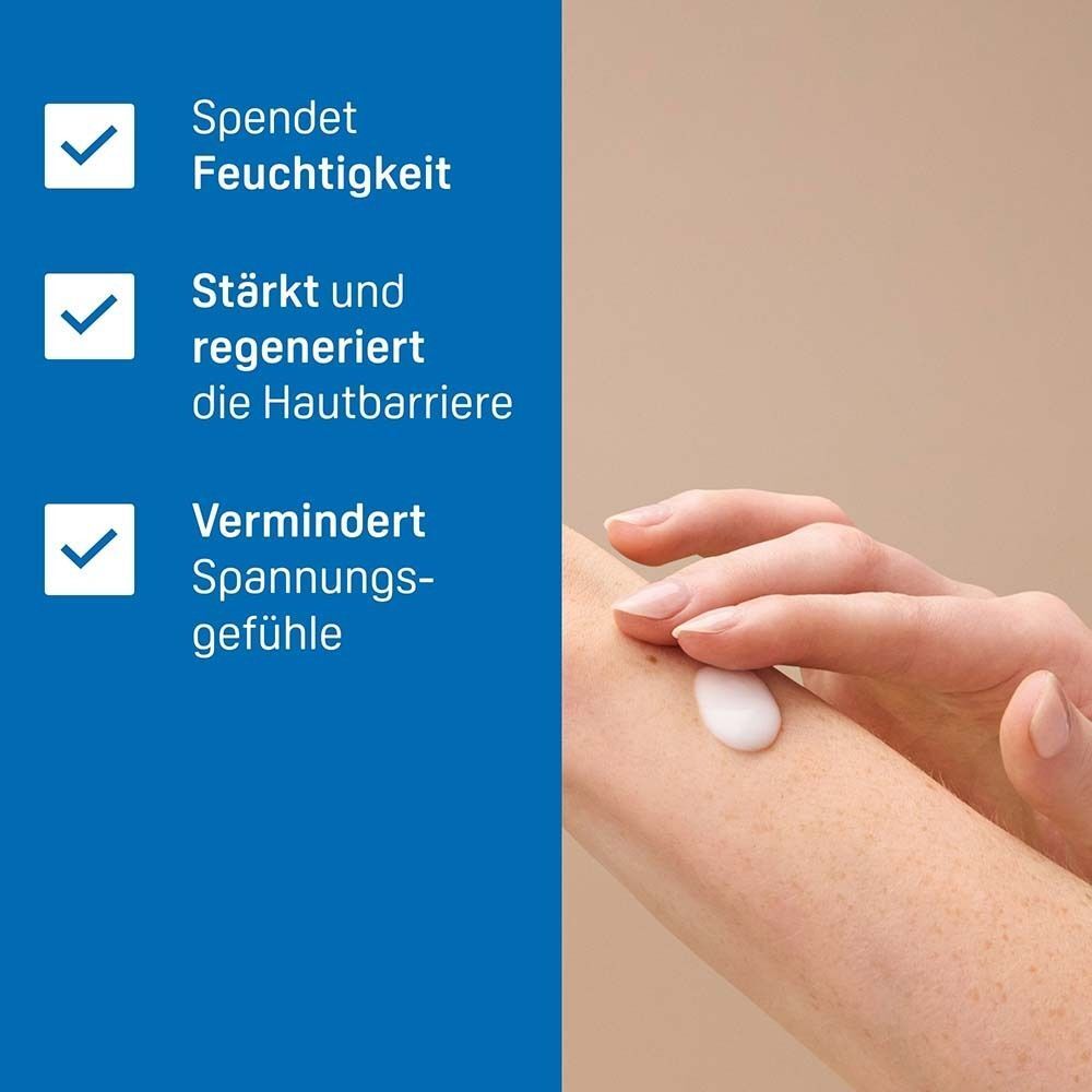 Handcreme auf einer Hand aufgetragen, daneben Checklisten mit Vorteilen.