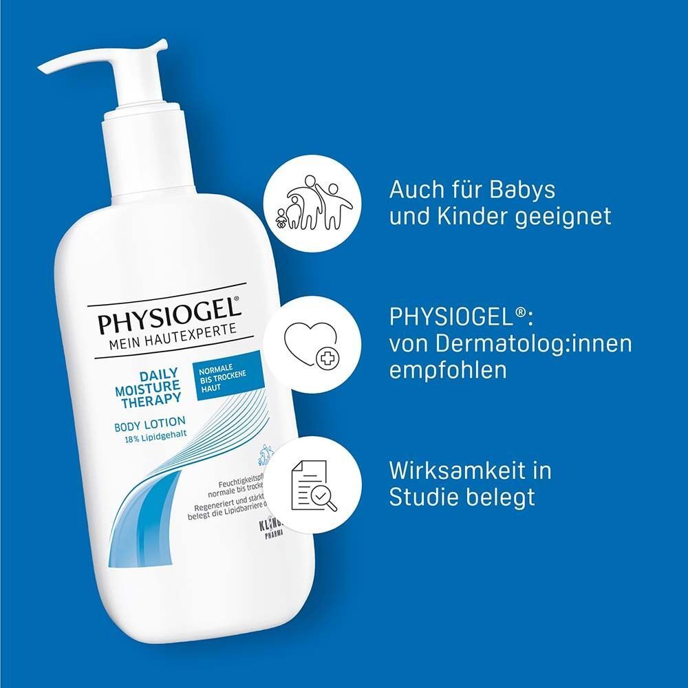 Weißer Pumpspender mit PHYSIogel Daily Moisture Therapy Body Lotion und Icons.