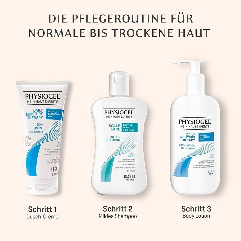 Pflegeprodukte von PHYSIogel: Dusch-Creme, Shampoo und Body Lotion.