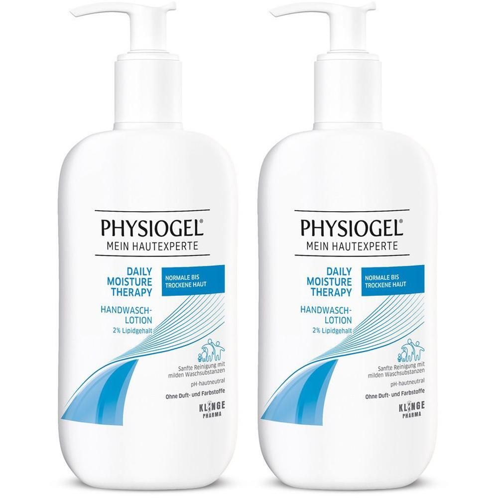 Zwei weiße Pumpflaschen PHYSIOGEL® Daily Moisture Therapy Handwasch-Lotion.