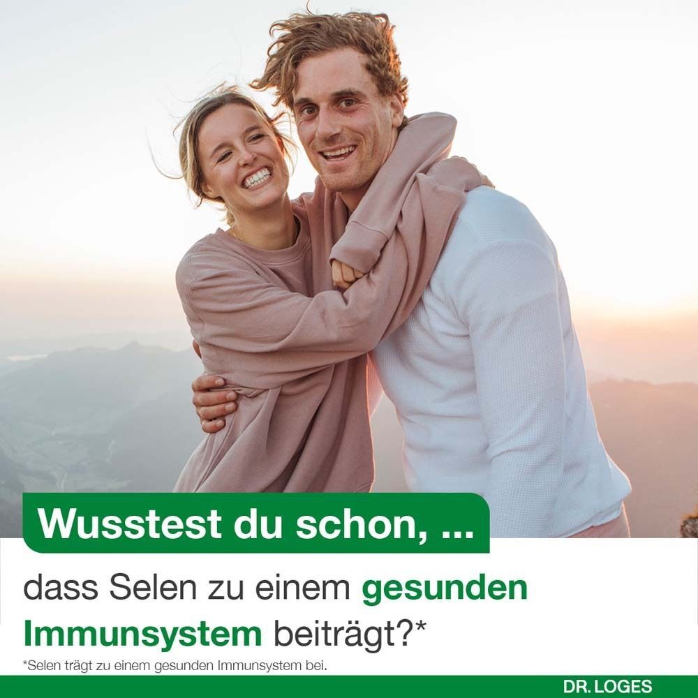 Ein lachendes Paar umarmt sich im Freien. Text: 'Wusstest du schon, dass Selen zu einem gesunden Immunsystem beiträgt?'